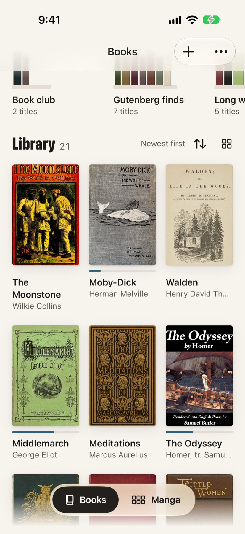 The library as a grid of covers, on iPhone