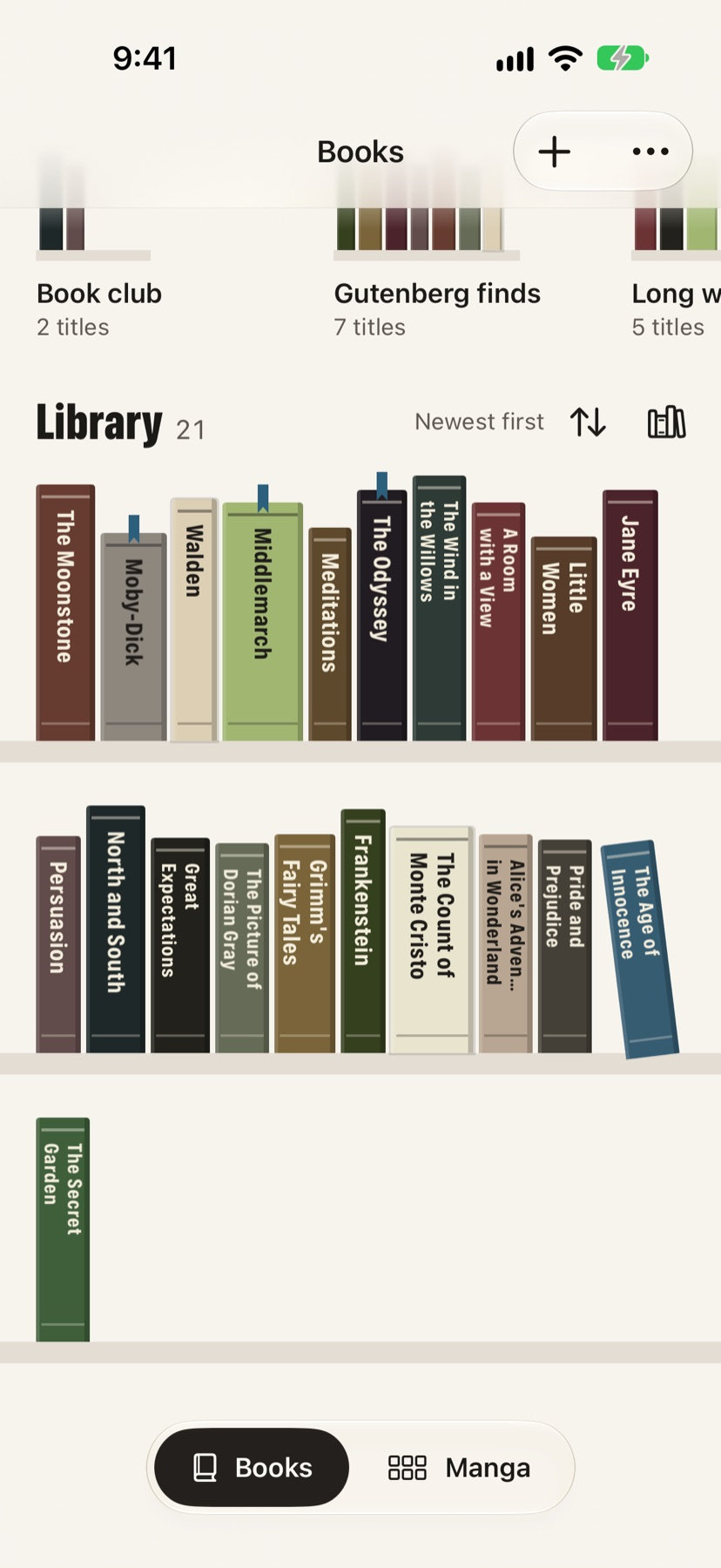 The library as spines on a shelf, on iPhone